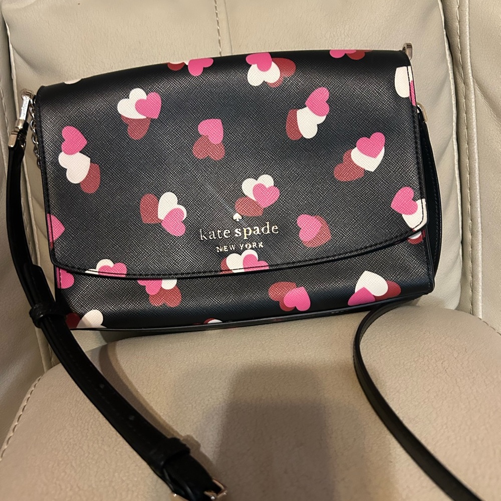 Kate Spade Black Crossbody Bag with Pink and Red Hearts